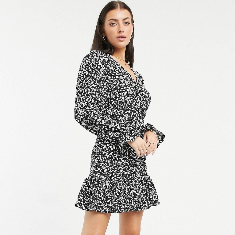 River Island Long Sleeve Frill Hem Floral Mini Dress